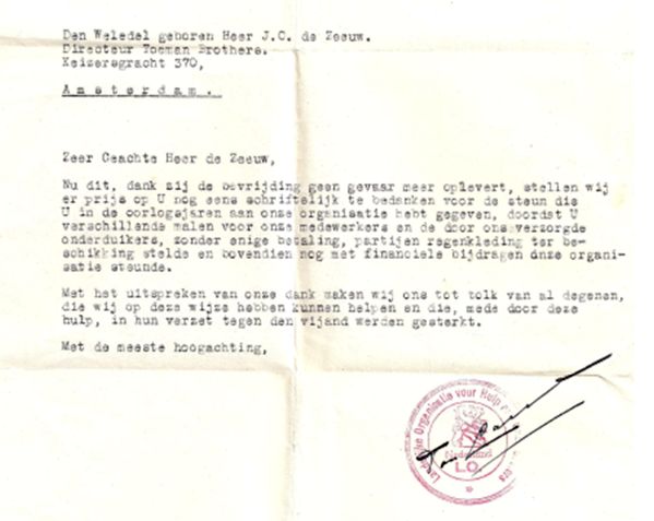 Brief van de LO aan pa via de fa Toeman Brothers